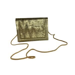 Gold Lamé Evening Bag with Strap, Vintage 80s Structured Clutch Purse